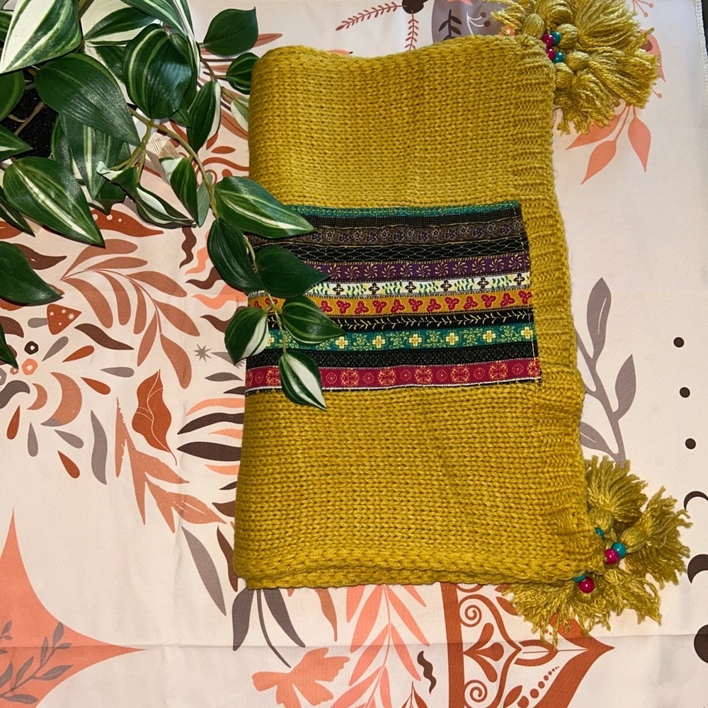 MUSTARD KNIT SCARF WITH MULT-COLORED STRIPS